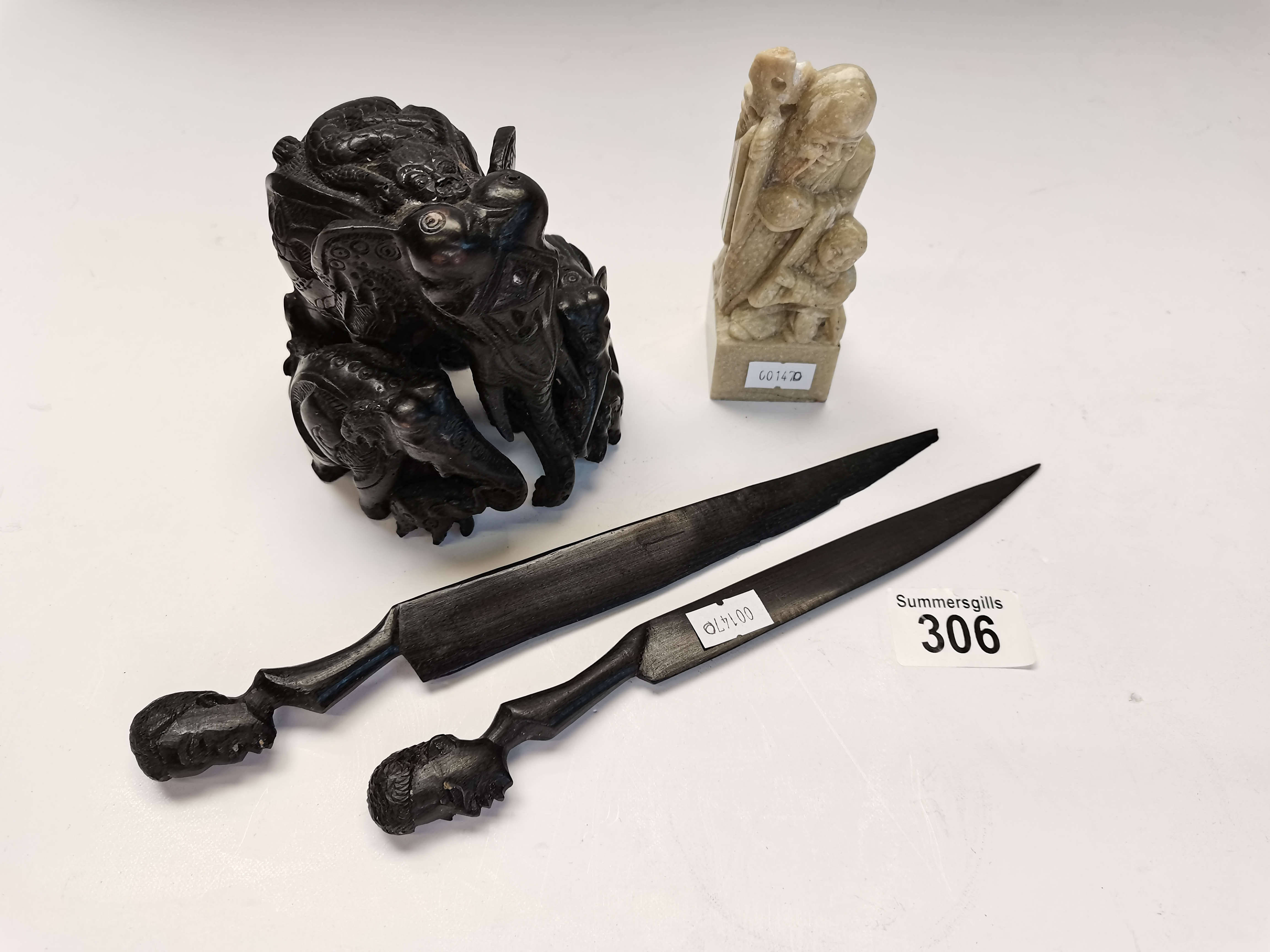 A Ebony Elephant and soapstone seal & knife