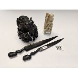 A Ebony Elephant and soapstone seal & knife