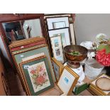 A Quantity of Pictures and Mirrors with some White Pottery Pots and a Copper/Brass Bowl