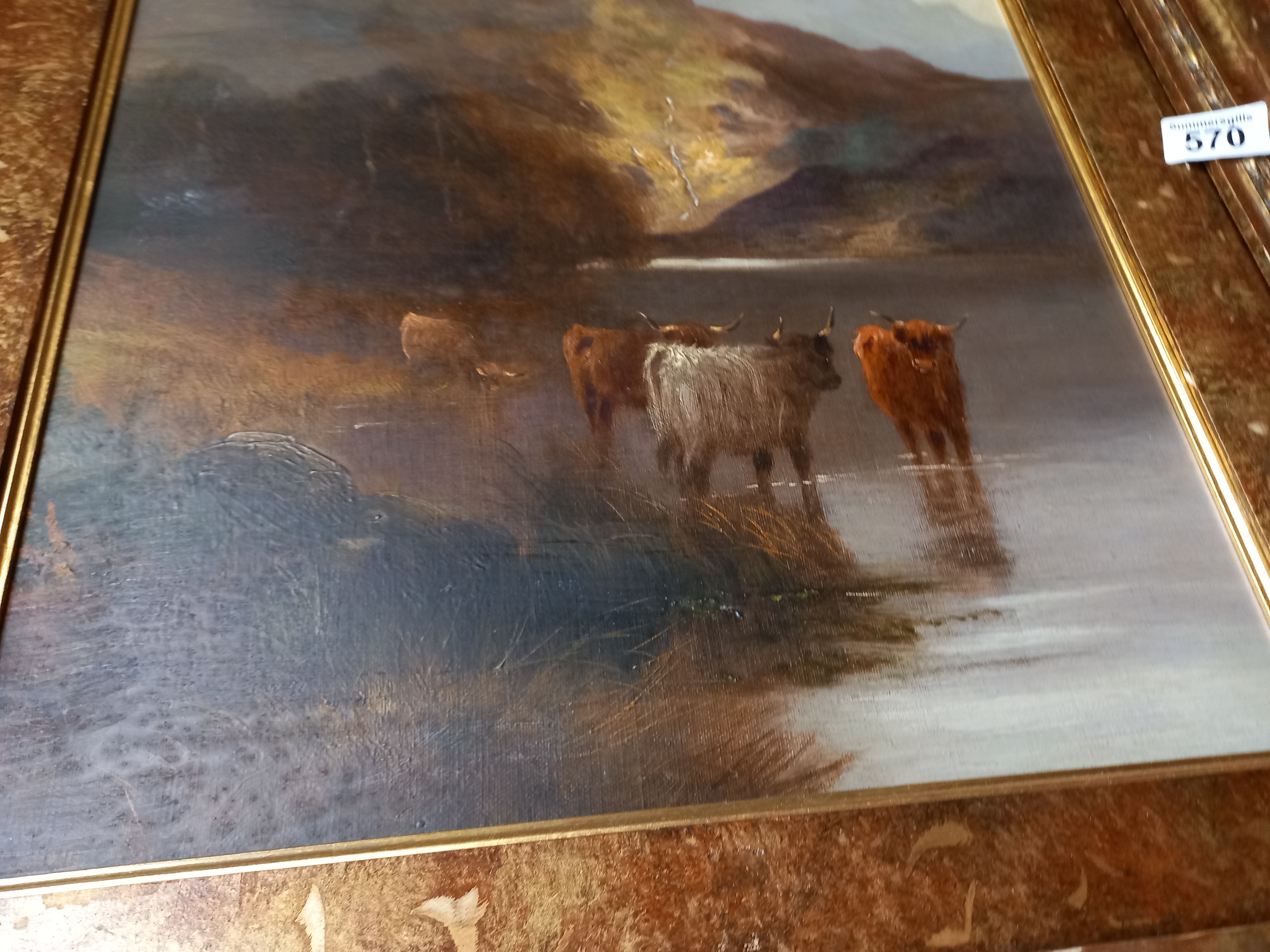 Antique oil of Highland cattle in the mountains - Image 2 of 8