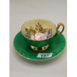 Green Aynsley cup and saucer with floral pattern inside and marked J A BAILEY ex condition