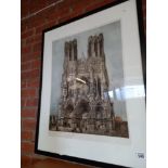 A framed signed coloured engraving of Cathedral Note Dame de Reims France