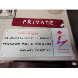 PRIVATE railway enamel sign plus two other signs ( originally from HEST BANK railway station near
