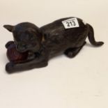 Early 20th C Bretby Pottery black cat with yarn ball figurine