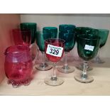 x9 Victorian Bristol green wine glasses plus x2 Cranbury wine glasses and a jug