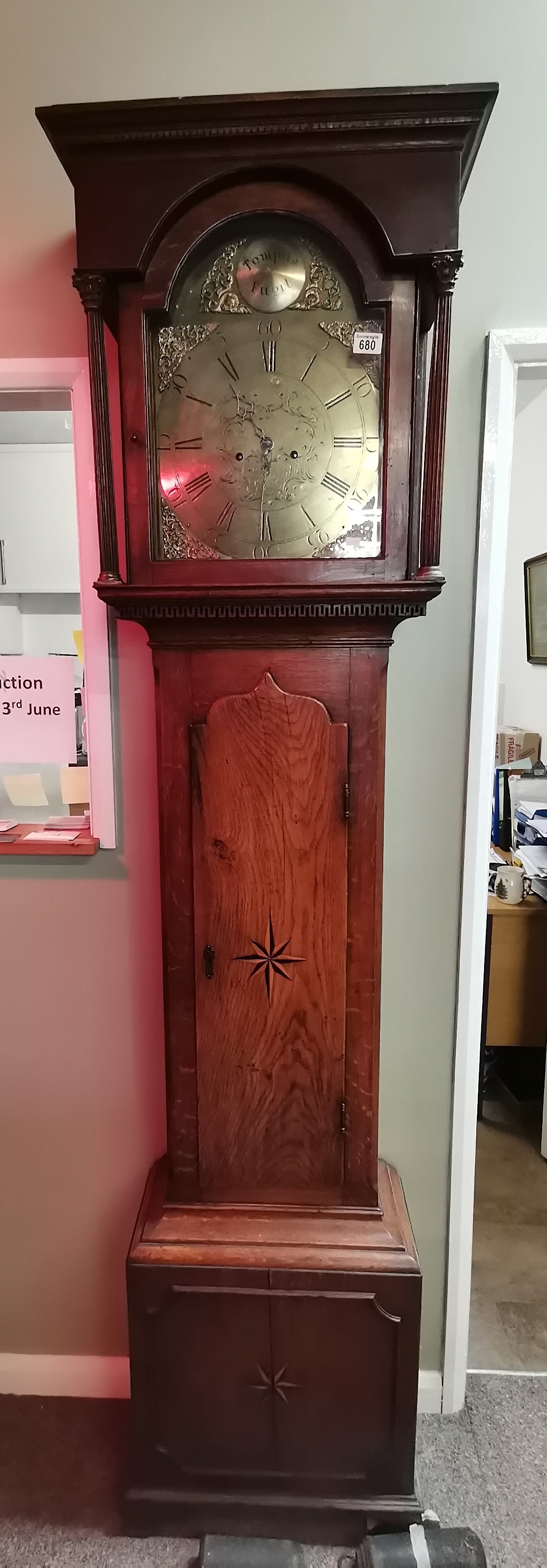 Tempus Fugit Grandfather clock with Brass face and inlaid Mahogany case