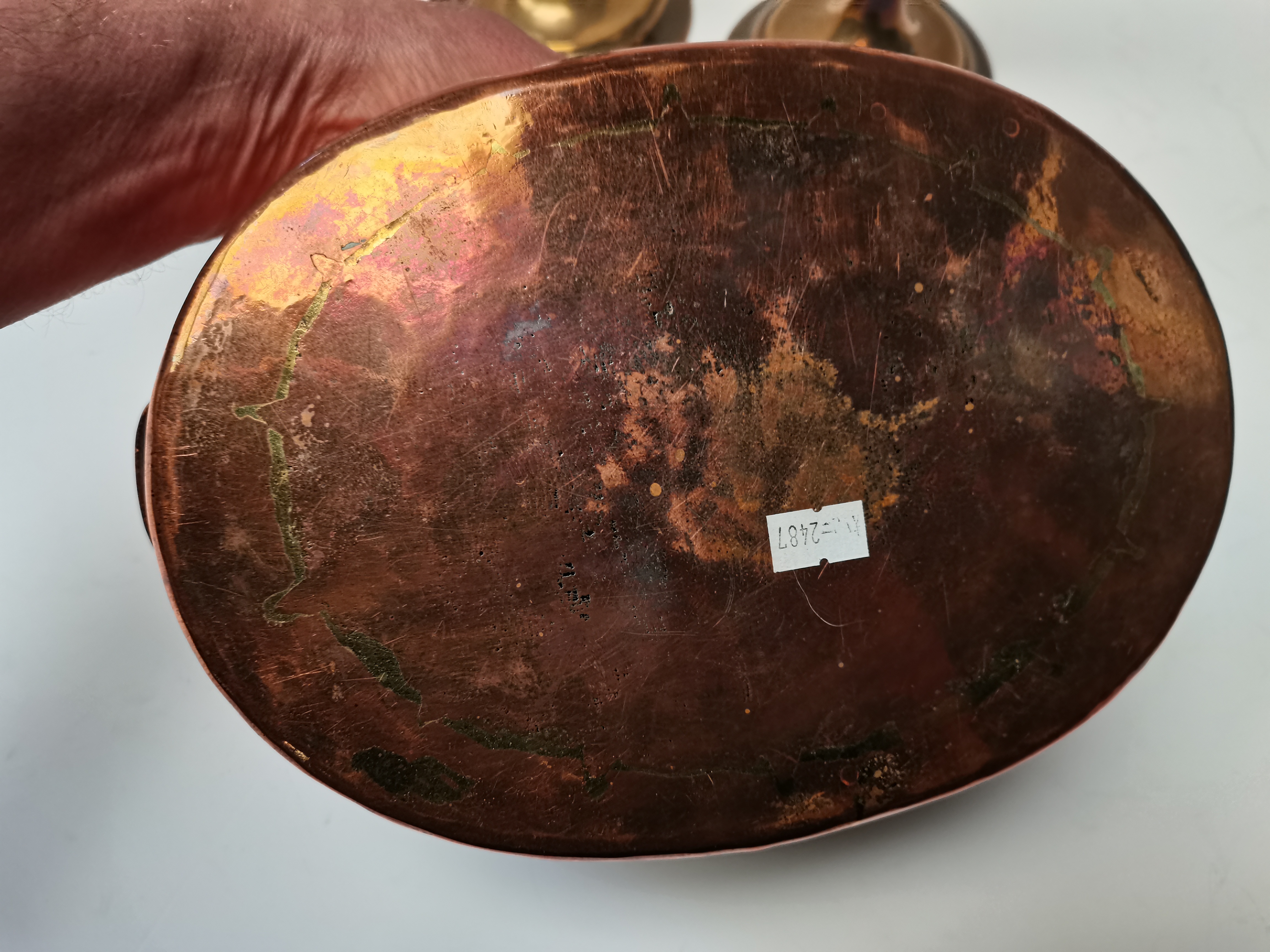 French Copper Sauté Pan 25cm x 17cm plus 2 brass candle sticks - Image 7 of 7