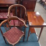 Inlaid card table plus x2 inlaid hall chairs