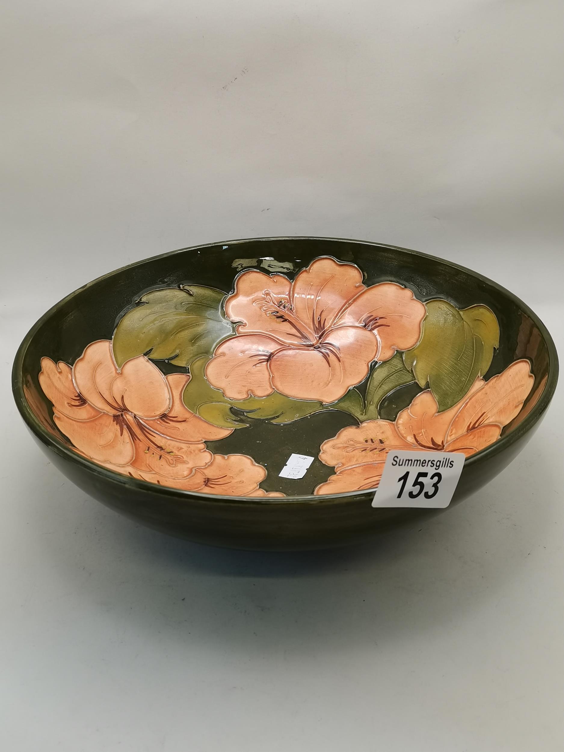 Moorcroft Green Bowl decorated with Hibiscus pattern