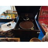 HMV Gramophone in Wooden Box with old records model 109