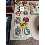 8 x vintage mounted car badges plus 4 x AA badges