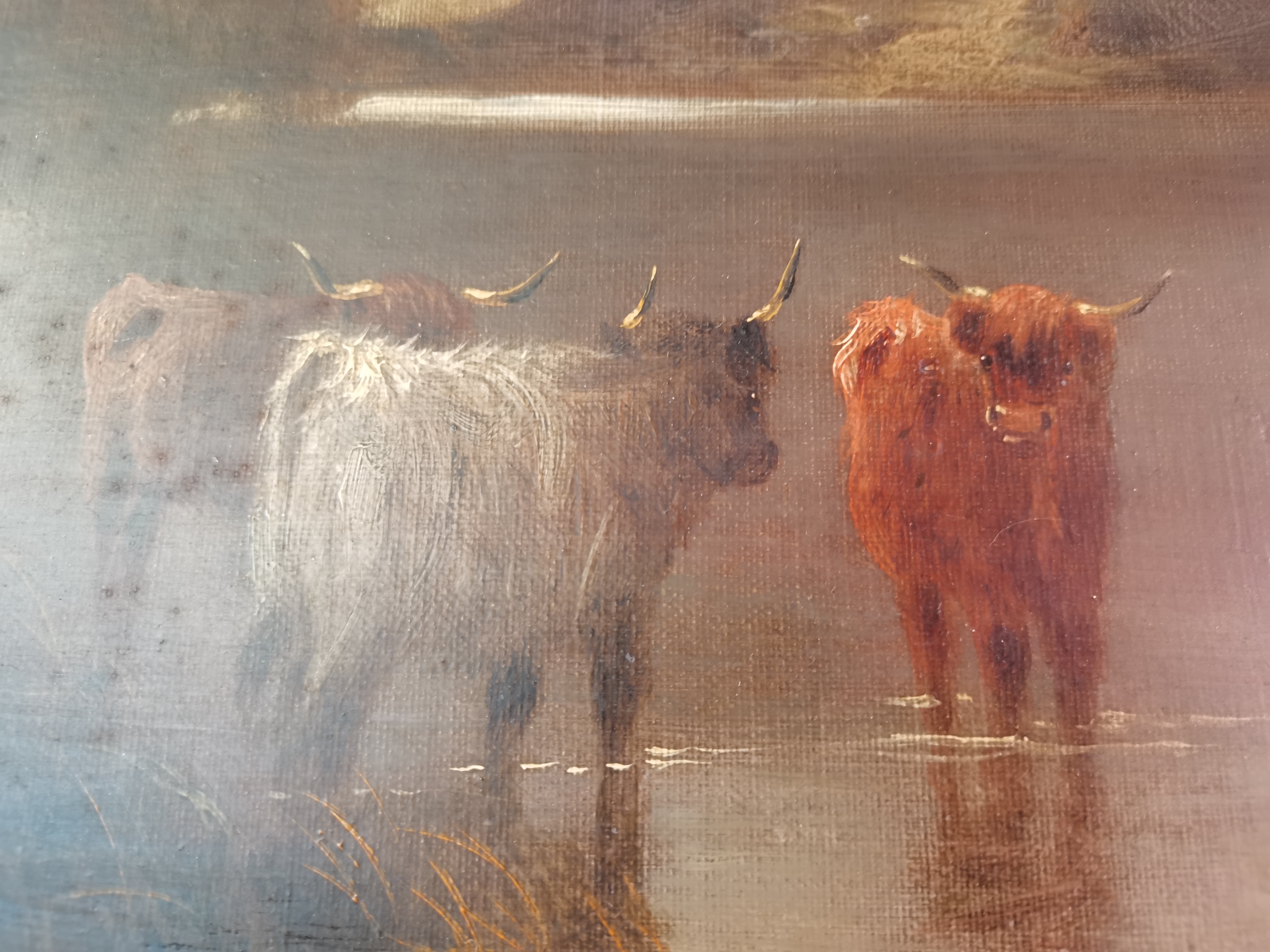 Antique oil of Highland cattle in the mountains - Image 5 of 8