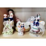 x3 Staffordshire figurines, porcelain hen egg holder and jug