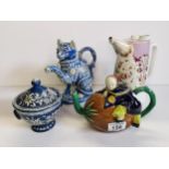 Antique Joseph Holdcroft Majolica Teapot of Chinese boy on a coconut, plus 2 other teapot and sugar