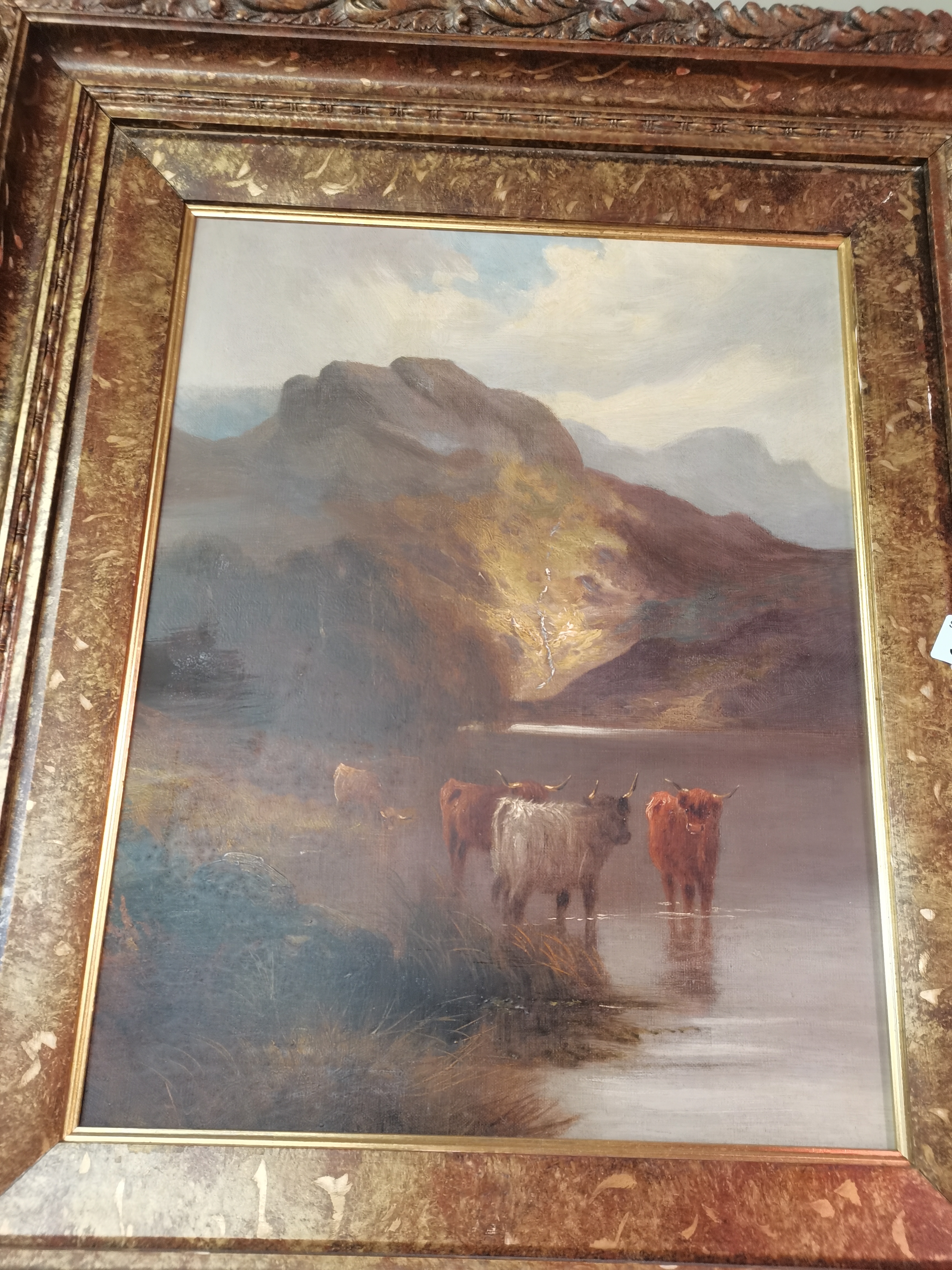 Antique oil of Highland cattle in the mountains - Image 3 of 8