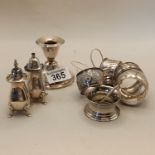 Silver items - candleholder, 5 x napkin rings, salt and pepper pot