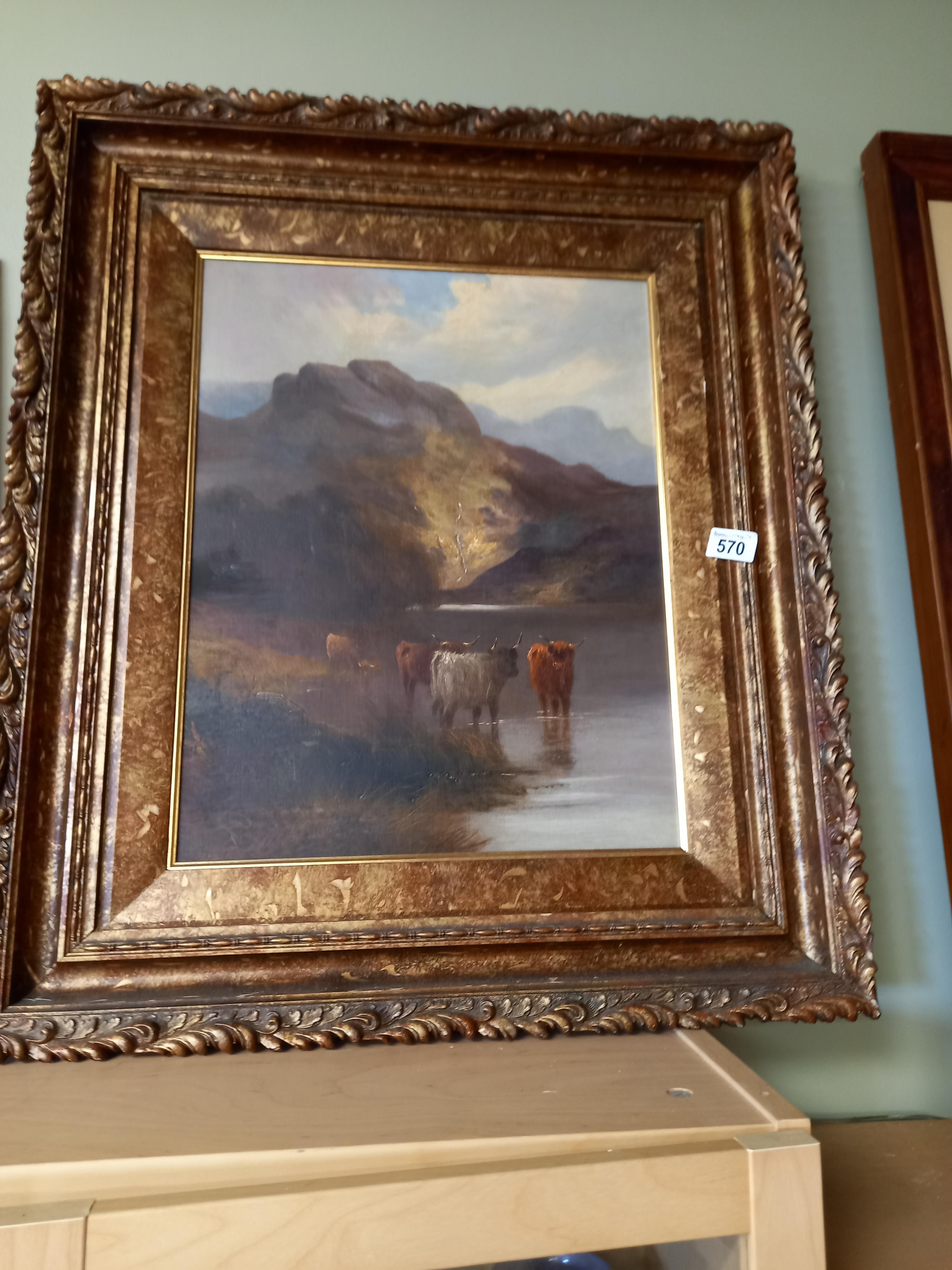 Antique oil of Highland cattle in the mountains