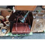 4 Boxes of Glassware, Ceramics, Vintage Handbags, Anglepoise Lamp and a Coal Scuttle