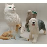 Beswick Cat, Beswick Sheepdog, Royal Dux dog and Burleigh Budgie figures all VGC