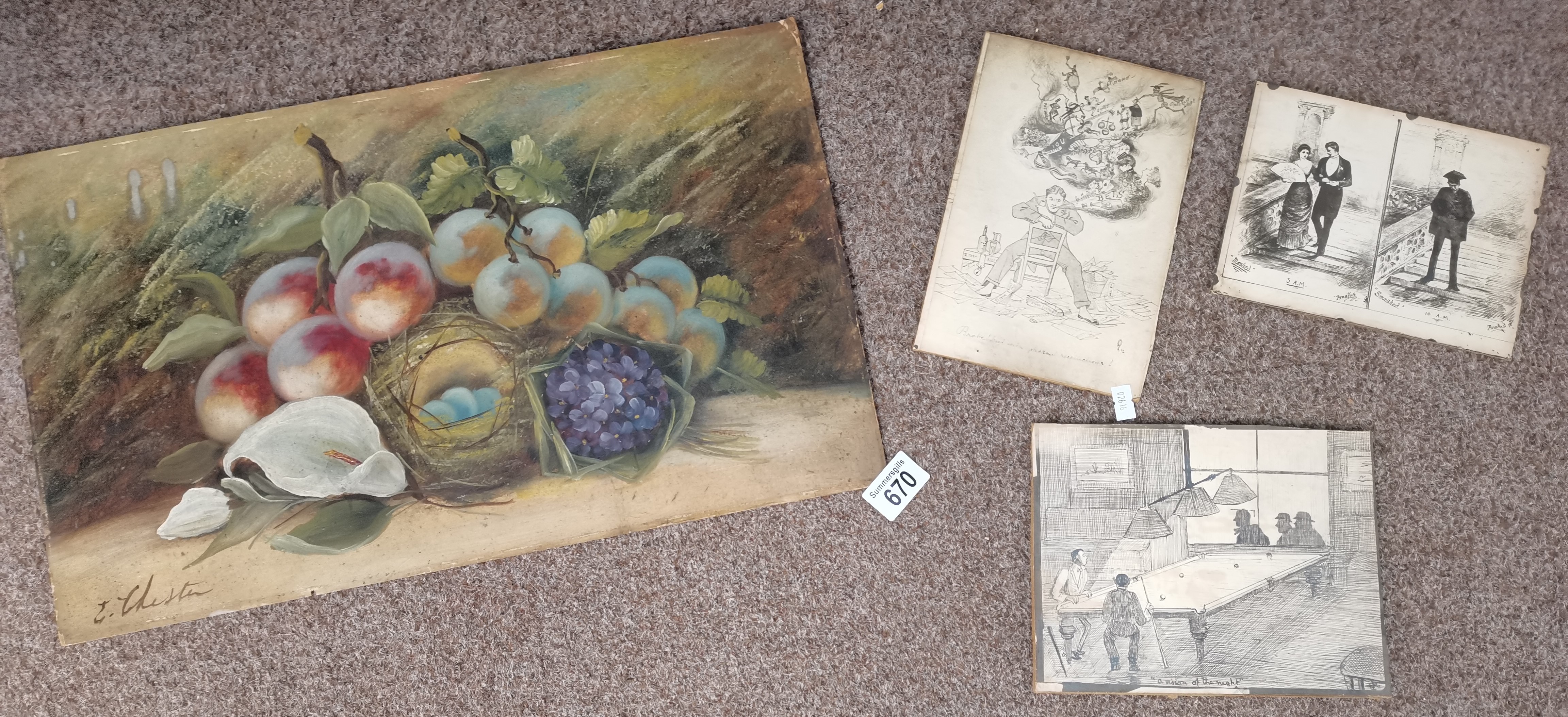 3 x 1902 penned ink funny etchings plus an oil of still life on card ( Worcester style fruits )