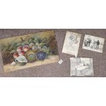3 x 1902 penned ink funny etchings plus an oil of still life on card ( Worcester style fruits )