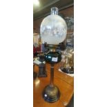 Antique Oil lamp with deep green and etched glass 74cm Ht