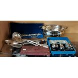 A collection of Silver plated items including serving dish, spoons etc etc