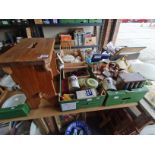 2 x boxes misc. items incl Character jugs, vintage tins, wooden stool etc