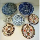 A collection of various plates including Crown Derby and Chinese with character marks on base
