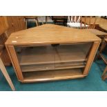 Blonde Ercol Corner TV stand with glass doors