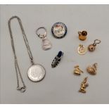 9ct Gold Charms 1 Shoe Silver Pin Cushion, 1 Coronation Badge, 1 Coca cola Silver Pin, 1 Coin