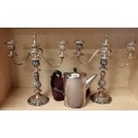 Silver plated coffee pot and a pair of candle sticks