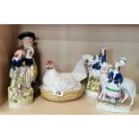 x3 Staffordshire figurines, porcelain hen egg holder and jug