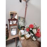 Misc. items incl antique mirrors, flower pictures, white crockery etc