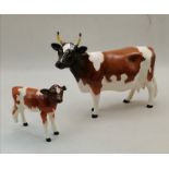 Beswick Guernsey Cow "Bessie 198*" plus Beswick calf (A/F)