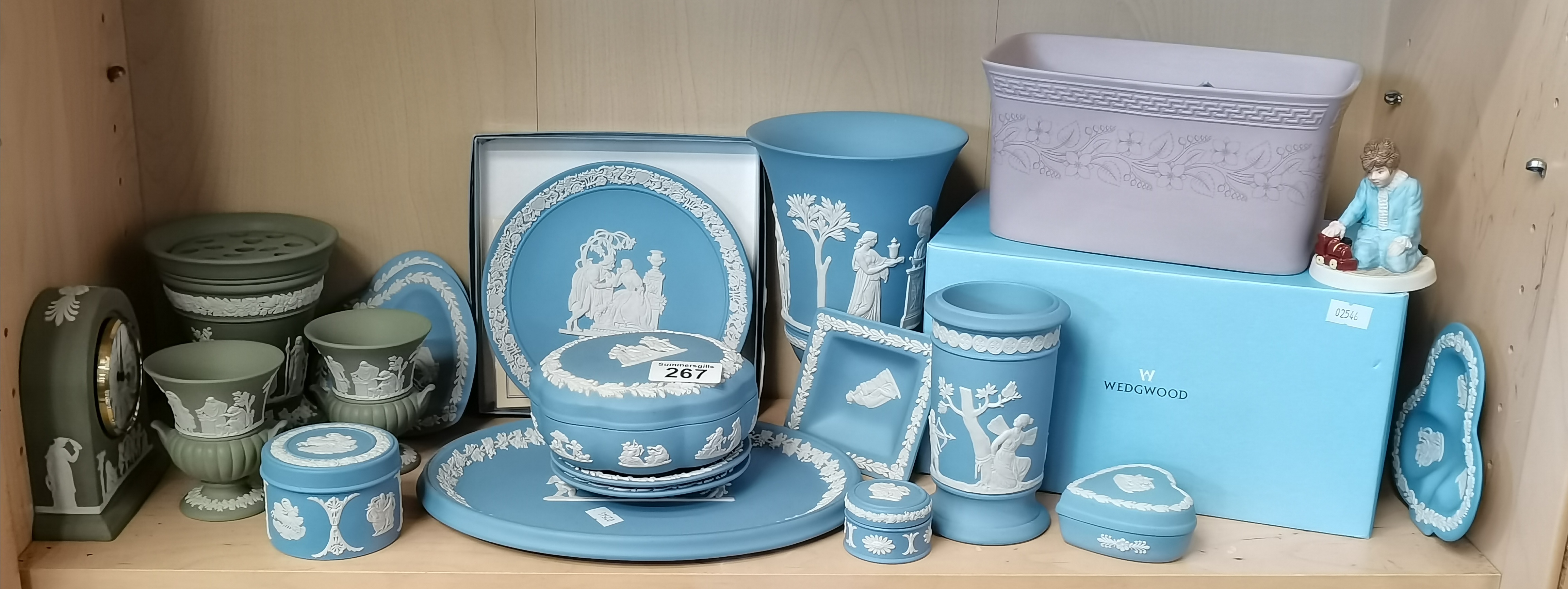 A Large collection of Pale blue and green Wedgwood items including vases, plates clock etc etc