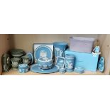 A Large collection of Pale blue and green Wedgwood items including vases, plates clock etc etc