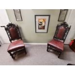 Pair of Victorian carved oak hall chairs
