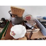 Vintage items incl coal scuttle, wooden tray, decanters, silver plated salad servers etc