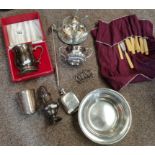 A collection of plated items including Army presented items