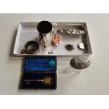 1939 Threepence coin bracelet, silver and glass dressing table items, tankard etc