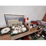 4 x boxes misc. items incl 3 jars marbles, collector's plates, tea set, pictures, footstool etc