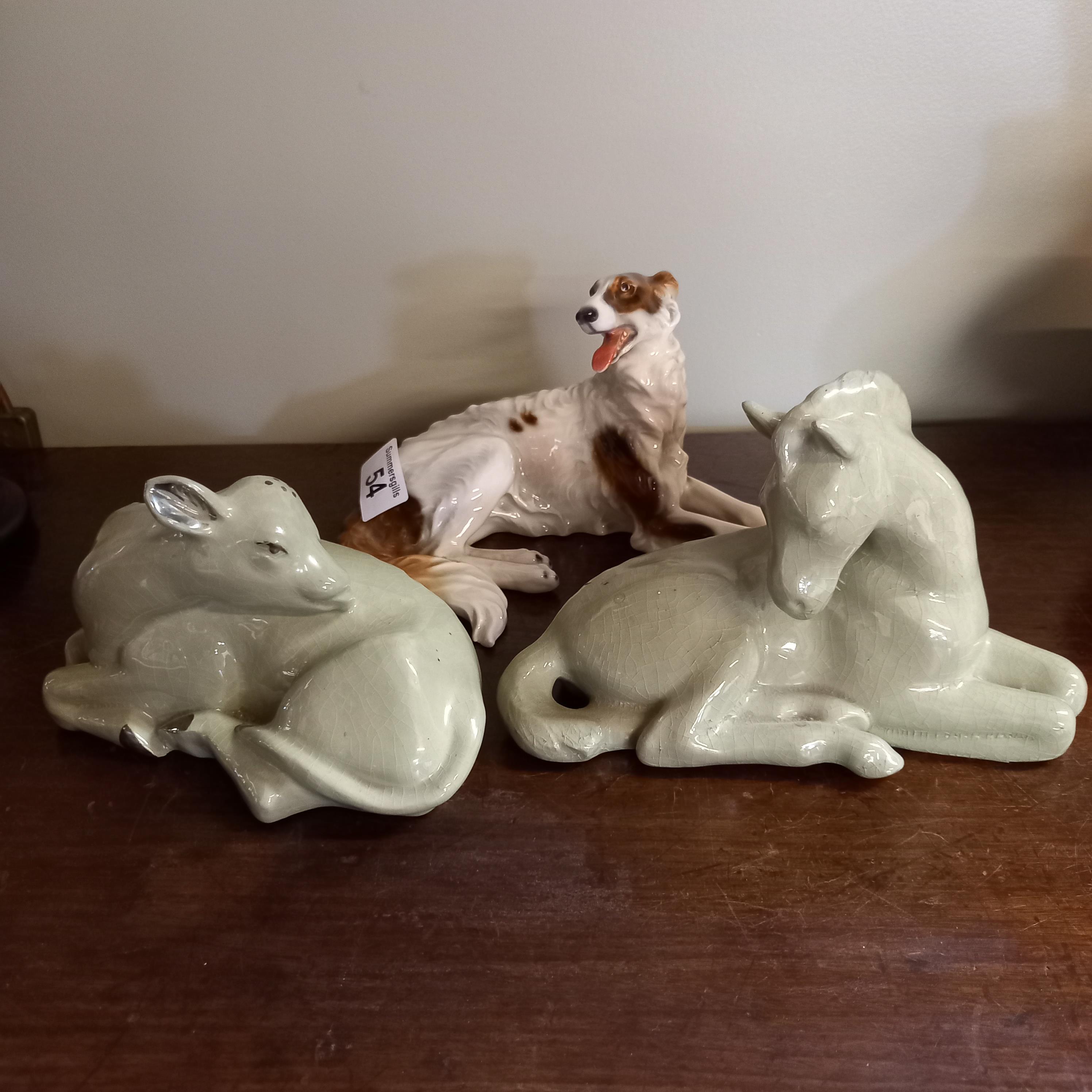 Goldscheider style Russian Wolfhound plus x2 1950s signed Mary Mitchell Smith figurines (Cow and Hor
