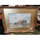 A watercolour of a harvest scene signed M Amber Kingwell 35cm x 50cm