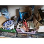 4 x boxes misc. items incl blue and white plates, action men figures, cameras paintings etc