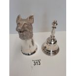 London silver bell 316g plus a silver plated Stirrup Cup in the shape of a fox