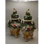2 Oriental Vases with Foo Dog Handles and Foo dog on Lid