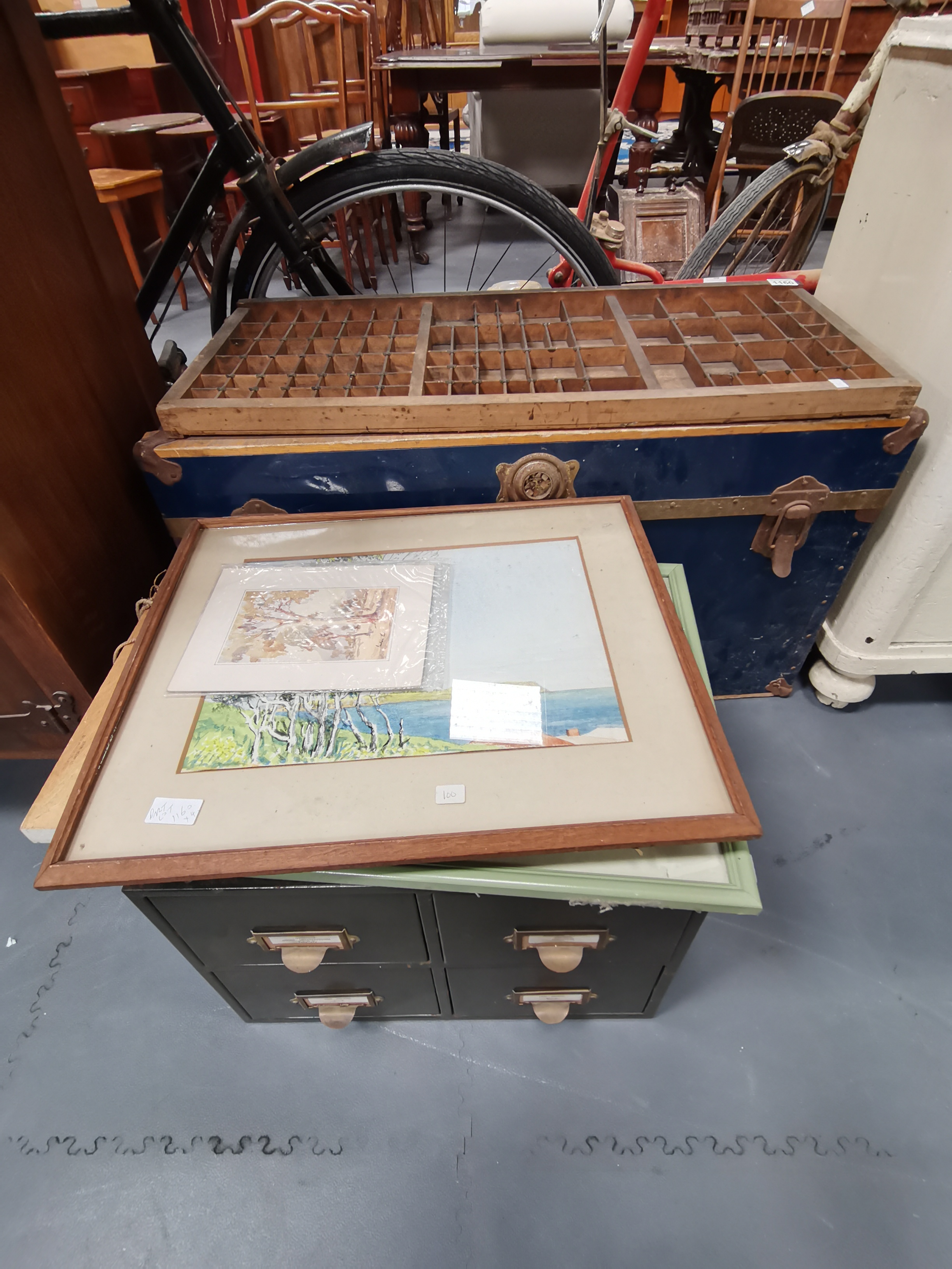 Metal Trunk, Filing cabinet, printers tray, x3 paintings