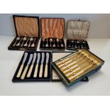 Boxed vintage cutlery - 2 sets of bone handled knives and 3 sets of EPNS teaspoons
