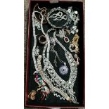 Box of Diamante costume jewellery - necklaces, rings etc